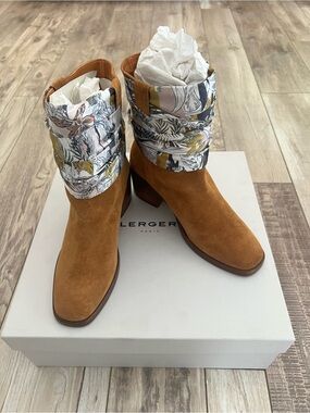 Robert Clergerie Tan Suede Ankle Boots with Printed Scarf Cuff